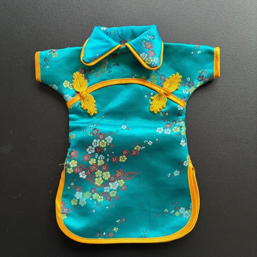 Teal Blue Floral Brocade Miniature Cheongsam Qipao Wine Bottle Cover Decor